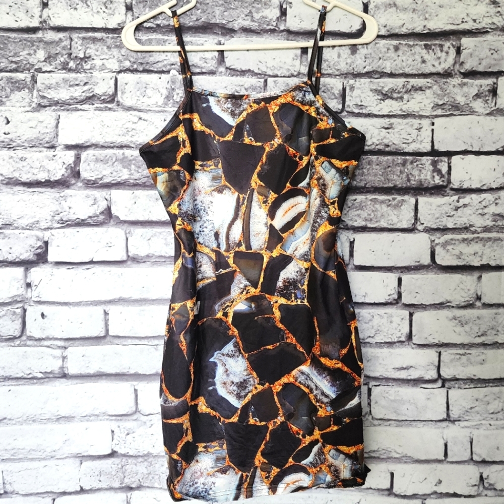 Black White & Gold Print Mini Dress - M